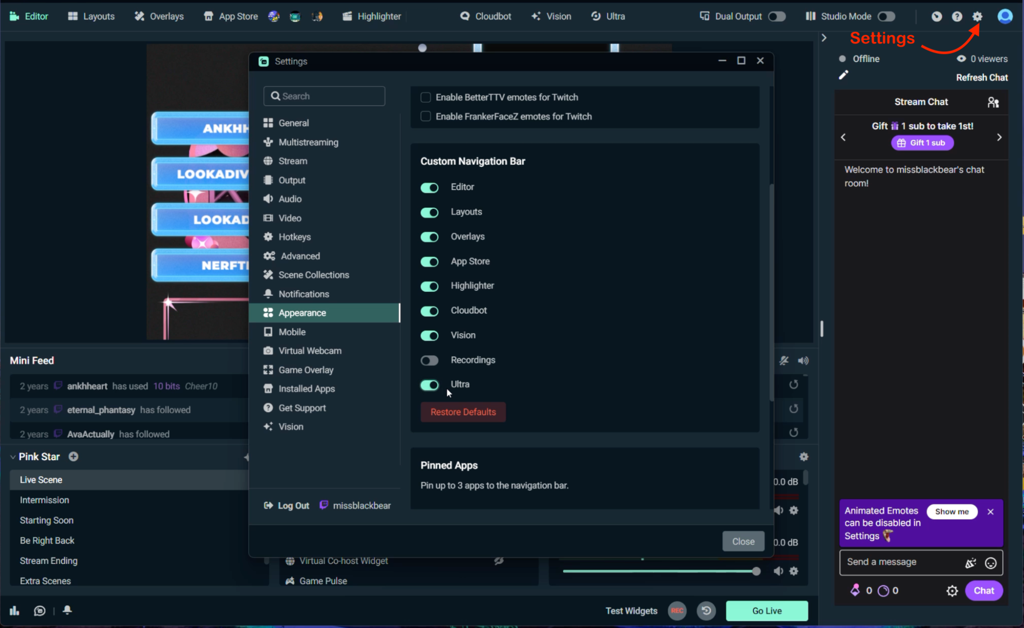 streamlabs top navigation setting menu